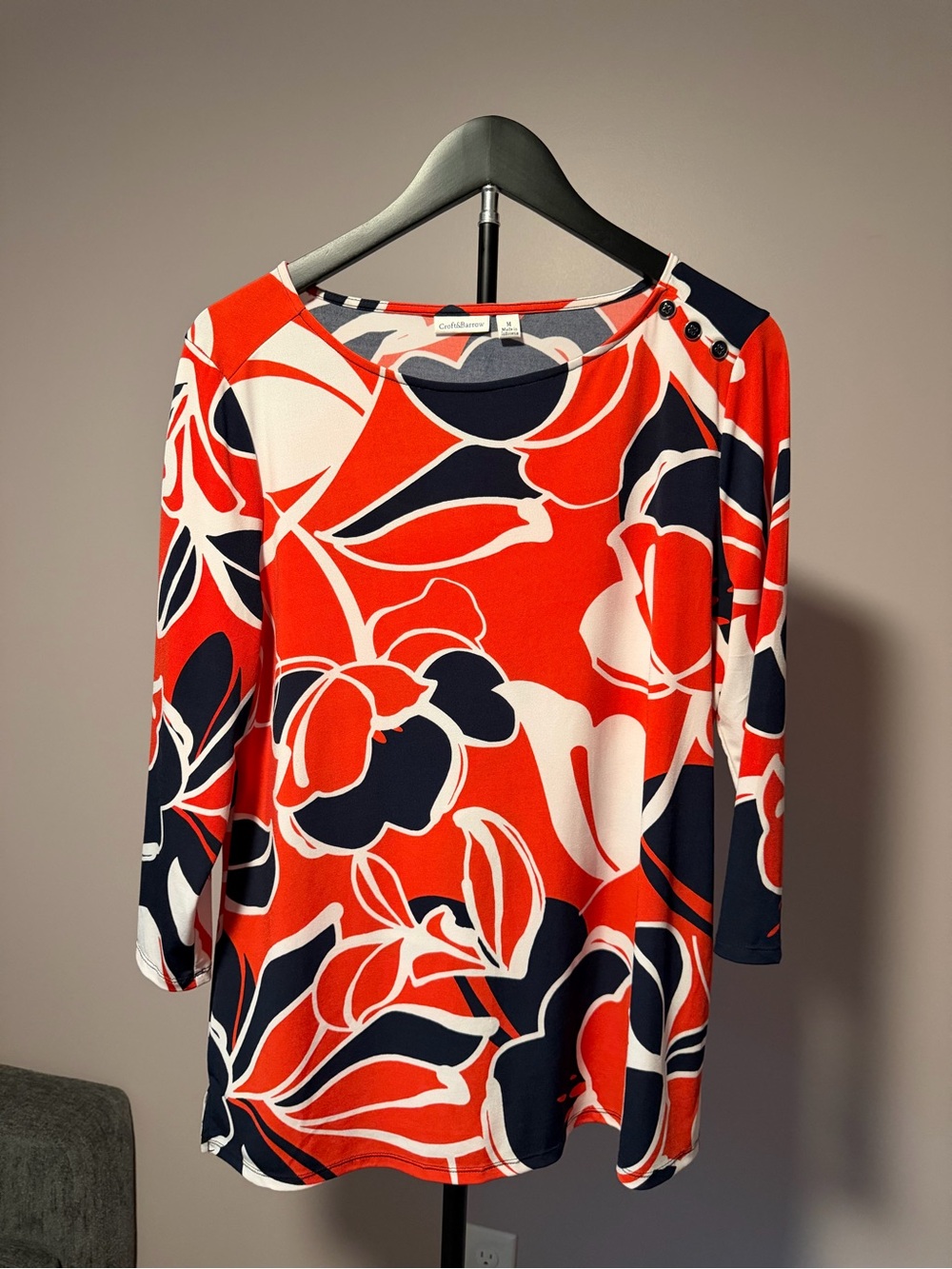 croft & barrow Red Navy and White Patterned Blouse